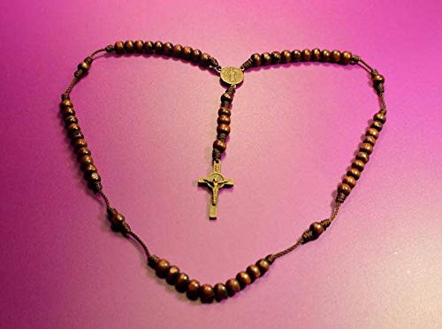 St. Benedict Round Wood Beads & Brown Cord Rosary Handmade By Nuns