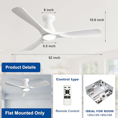 Image of Depuley 52-Inch Ceiling Fans with Lights: White 3 Blade Flush Mount Low Profile Ceiling Fan for Bedroom - Dimmable Indoor Outdoor Fan with Remote Control Ultra Quiet DC Motor Timer