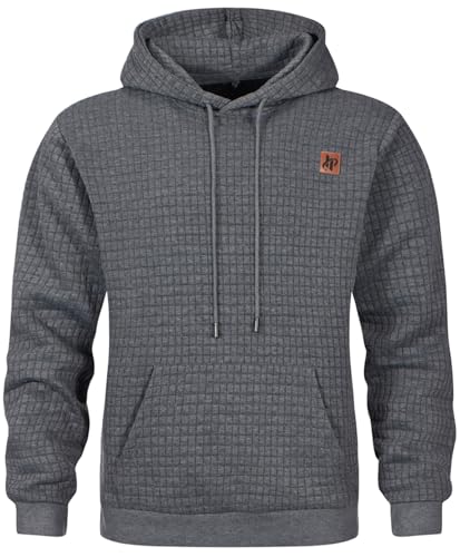 Furpazven Hoodie Herren Pullover Sweatshirt Jacquard Langarm Casual Kapuzenpullover Plaid Sweatjacke Kordelzug Kapuze mit Tasche Dunkelgrau XXL