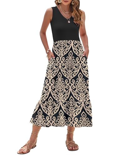Image of AUSELILY Womens Summer Maxi Dress Casual Sleeveless V Neck Floral Dresses | A line shape with practical side pockets, Vacation dress for resort walks, Pair with low heels and simple jewelry