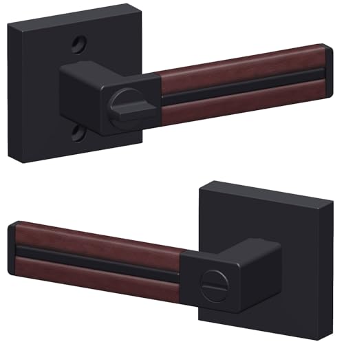 HADE LION 6 Pack Leather-Wrapped Door Handles–Keyless Privacy Lock Matte Black Interior Lever Set for Bedroom/Bathroom,Soft Brown Leather Grip,Easy Install