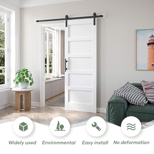Image of 28x80 in Sliding Barn Door and Hardware Included,5-Panels, White | with 5FT Hardware Kit Included & Handle,Solid ,DIY Assembly,Interior ,Modern,PVC Surface,MDF,Fit24in-26in opening