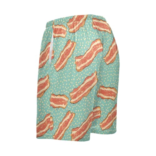 Mens Sleep Shorts Cartoon Bacons Print, Elastic Pajama Pants Sleepwear with Pockets S3
