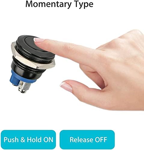 Linkstyle 5PCS Metal Momentary Push Button Switch, 12V Waterproof Round ON/OFF Switch Start Button for 16mm 5/8" Mounting Hole Car Auto RV Truck Marine Boat Home and DIY - Black Shell