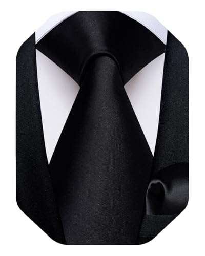 DiBanGu Solid Black Tie Men's Silk Tie Handkerchief Woven Necktie and Pocket Square Set, Satin Black, One size