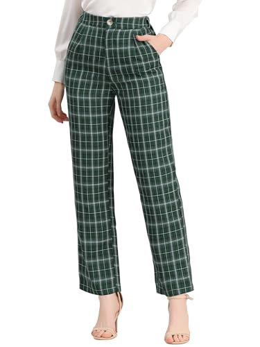 Allegra K Women's Plaid Trousers Pockets Straight Leg Pants Large Green Black White