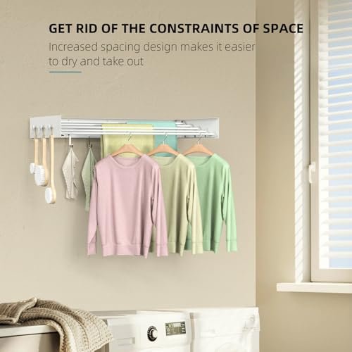 Drying Rack Clothing,Clothes Drying Rack Wall Mounted,Laundry Drying Rack Wall Mount,Foldable,Collapsible,60 lb Capacity 4 Aluminium Poles with 12 Hooks,Space Saving Clothes Drying Rack,White 31.5'' by Unkqan - Image 3