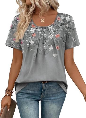Image of WIHOLL Women T Shirts Pleated Short Sleeve Tops Business Casual Dressy Blouses