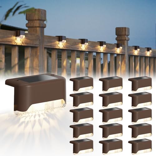 JACKYLED Paquete de 16 luces solares para vallas, luces LED solares impermeables para exteriores, iluminación decorativa de cubierta para escaleras, vallas, barandillas, patios y caminos (marrón)