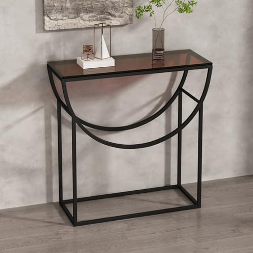 HYIWSIJT Console Sofa Table, Modern Entryway Table with Metal Frame, Half-moon Shape Tempered Glass Tabletop, for Living Room, Hallway (Color : Black, Size : 100x30x80cm)