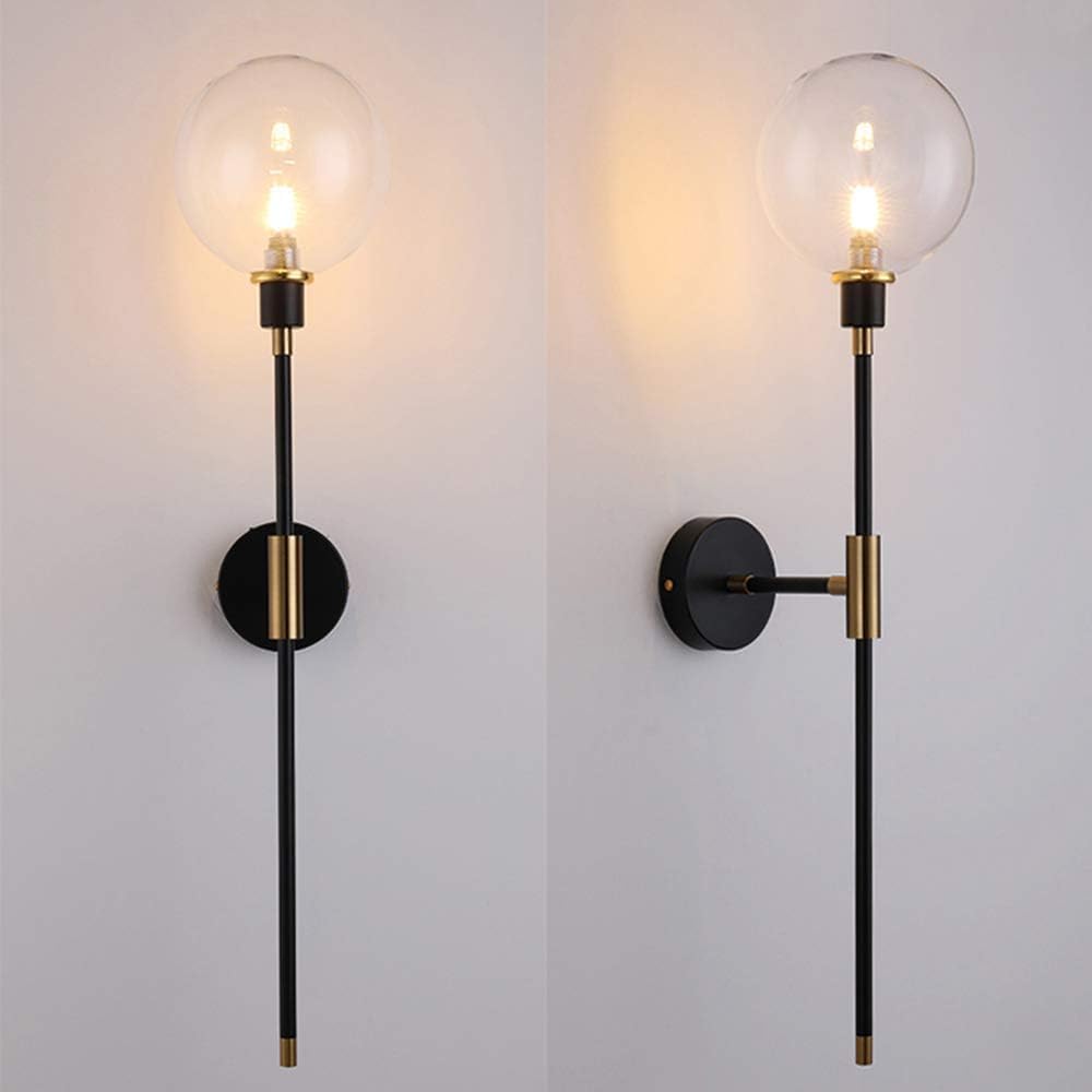 Nordic Light Luxury Wall Sconce Bathroom Gold Black Wall Light with Amber Glass Ball Vintage Bedside Light Smoke Gray Long Rod Linear Wall Mount Lamp for Bedroom Living Room Hallway Porch