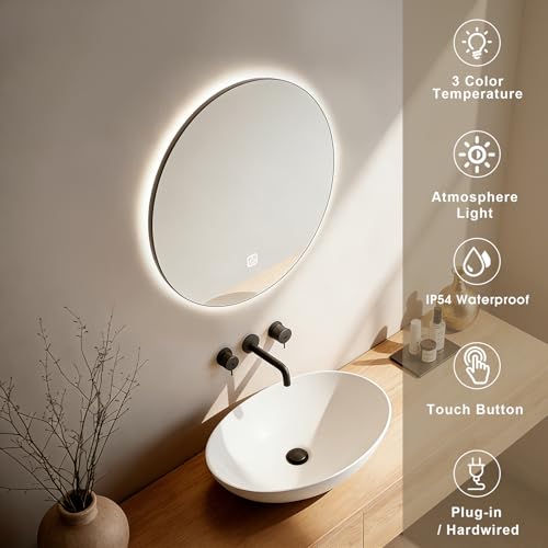 AOSHEEYIY 20 Inch Round LED Bathroom Mirror with Lights, Lighted Vanity Bathroom Mirror with Backlit, Stepless Dimmable & 3 Colors (3000K/4000K/6000K), IP54 Waterproof