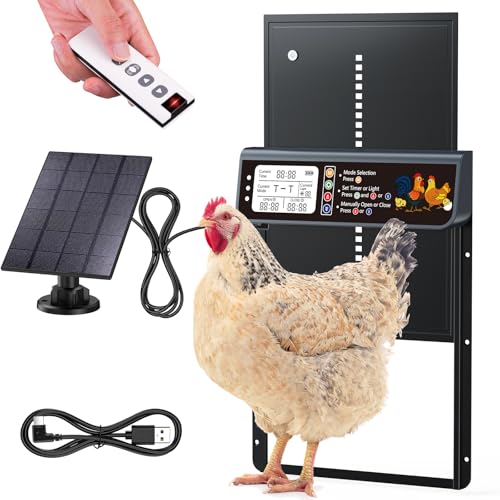 Image of Automatic Chicken Coop Door Solar Powered, LCD Display Automatic Chicken Door with Timer & Light Sensor, Solar Chicken Coop Door with Remote Control, Anti-Pinch Function and Made of Al-Alloy