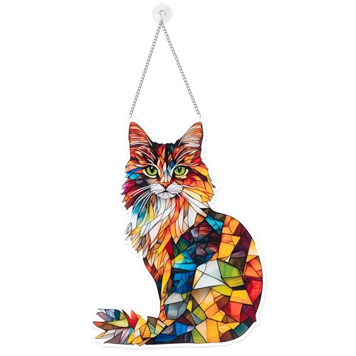 GioXtra Cat Window Hanging Decor Suncatcher - Colorful Maine Coon Cat Acrylic Hanging Ornament Wall Art Pendant for Kitchen Room Garden Office Decoration Pet Lovers Birthday Favor Housewarming Gifts