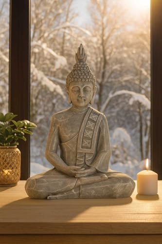 Schneemann-Versand Buddha Statue 51 cm – Wetterfeste Kunststeinfigur in rauer Steinoptik – Für Innen- & Außenbereich geeignet