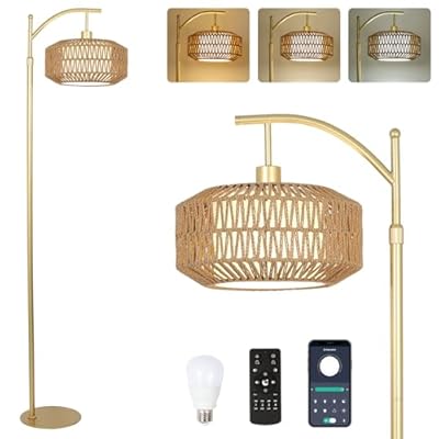 LAMSU Arc Gold Floor Lamp with Remote and LED Bulb, Dimmable Floor Lamps for Living Room with Rattan and Fabric Shades, Boho Tall Lamp with 3 Color Temperatures, Corner Standing Lamps for Bedroom