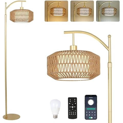 LAMSU Arc Gold Floor Lamp with Remote and LED Bulb, Dimmable Floor Lamps for Living Room with Rattan and Fabric Shades, Boho Tall Lamp with 3 Color Temperatures, Corner Standing Lamps for Bedroom Cover