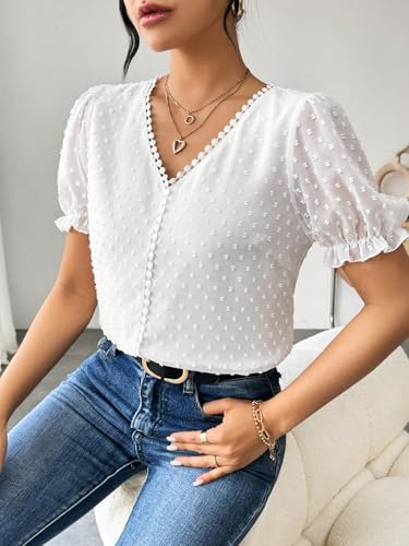 Image of Shasmi Women's Elegant French Textured Fabric Solid Color Lace Panel V-Neck Jacquard Blouse,Short Puff Sleeve Tops Simple Daily Spring /Summer Casual Blouse Shirt (Top 178)