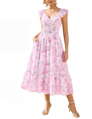 Image of GRACE KARIN Women's Summer Floral Maxi Dress 2026 Ruffle Sleeve Smocked Sundress Flowy Wedding Guest Long Dresses with Pocket