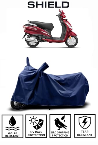 Image of Shield Heavy Duty scooty Cover for Hero Destini | All-Season, Tear-Proof Fabric | with Side Mirror Pocket & Buckle Belt | Hero Destini Scooty Cover (Blue)