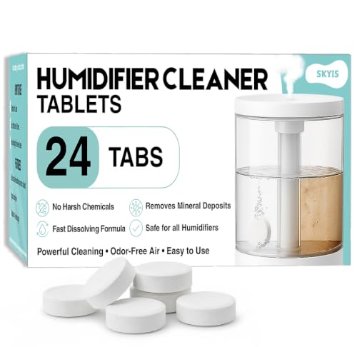 Skyis Humidifier Cleaning Tablets & Descaler 24 Pack, Removes Hard Water Scale, Mineral Deposits, White Dust, Demineralization Cleaner for Levoit, Vicks, Dyson, Dreo Humidifiers