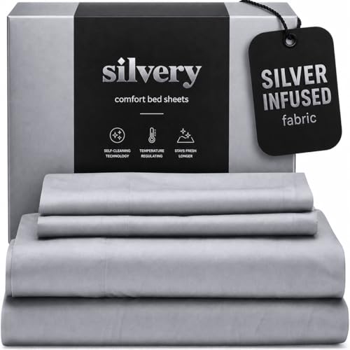 Silvery Silver Infused Bed Sheets Set - Ultra-Soft Temperature-Regulating Fabric with Self-Cleaning...