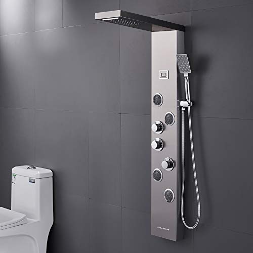 MENATT LED Shower Panel Tower System, 6 in 1 Stainless Steel LED Shower Column, Rainfall & Waterfall Head, Massage Jets, Tub Spout, Handheld Shower(Brushed) - Thumbnail 3