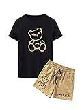 GORGLITTER Men's Casual 2 Piece Outfits Bear Graphic Print Tee and Drawstring Waist Track Shorts Set with Pockets Black and Brown X-Large