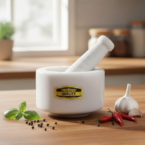 Image of JMH Marble Handmade Stone Mortar and Pestle Set | Ohkli Musal /Kharal khalbatta for Medicine, Spices Grinder Masher (White, 3 Inch)