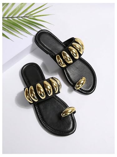 GORGLITTER Women's Gold Metallic Flat Sandals Dressy Open Toe Flip Flops Slides Shoes4