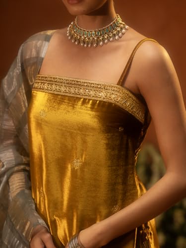 Image of FIORRA Women Ocher Yellow Ice Velvet Embroidered Kurta Set with Dupatta