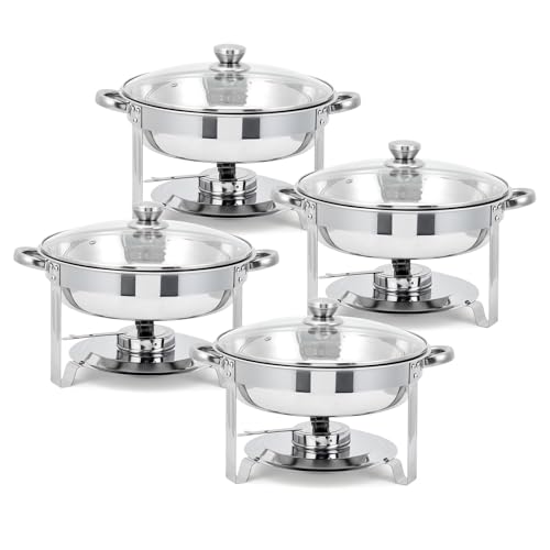 Festisoul Professional Buffet Warming Solution - 5QT Round Stainless Steel Chafing Dish Set, 4 Pack with Glass Lids, Fuel Holders, Food & Water Pans - Ideal for Catering, Weddings, Parties