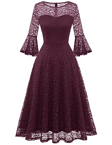 DRESSTELLS Damen Elegant Spizten Cocktailkleid 3/4 Ärmel Hochzeit...