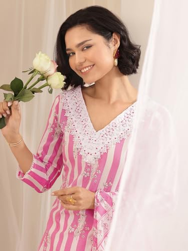 Image of Libas Womens Printed Cotton Straight Kurta With Trousers and Dupatta | daily wear suit