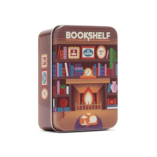 Bookshelf by Alley Cat Games | Ages 8+ | 2-4 Players | Cooperative Stacking Game | Skill & Balance Card and Book Tower Game in Travel Tin | Cooperative Tabletop Challenge