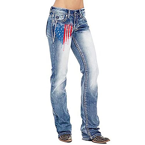 CZVEVOY American Flag Printed Jeans for Women Casual Distressed Denim Jeans Bootcut Jeans Streetwear,Light Blue,XL