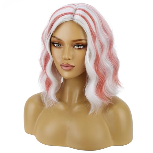 Image of BERON White and Red Short Curly Wave Wigs for Women Girls White Highlights Red Wavy Heat Resistant Synthetic Wig Cosplay Costume Party or Daily Wigs