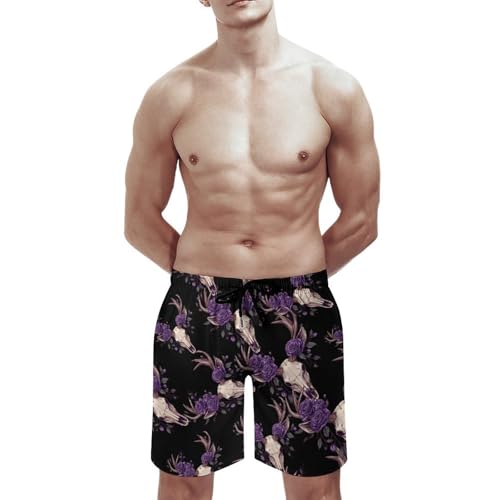 Deer Animal Skull with Floral Men's Swim Trunks Quick Dry Board Shorts Hawaiian Beach Shorts With Pocket3