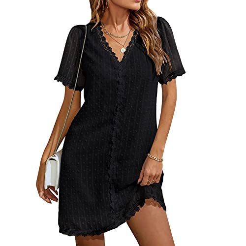 Vestido de Manga Corta para Mujer Vestido de Verano para Mujer Vestidos hasta la Rodilla para Mujer Vestido Acampanado de Encaje Punteado(XL-Negro) Cover