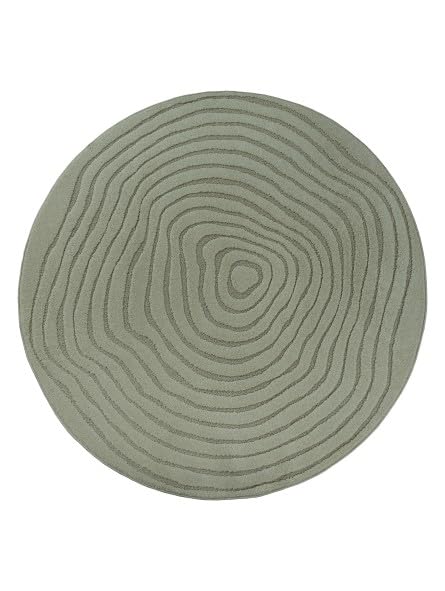 Tapis Rond Moderne à Relief Fluide avec Lignes organiques superposées - Dimension 120 cm Ronde, Couleur Vert