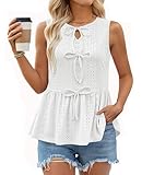 Zanvylia Women Summer Eyelet Peplum Sleeveless Tank Tops Crew Neck Y2K Babydoll Blouse Cute Bow Tie Front Flowy Shirts (US, Alpha, Medium, Regular, Regular, White)