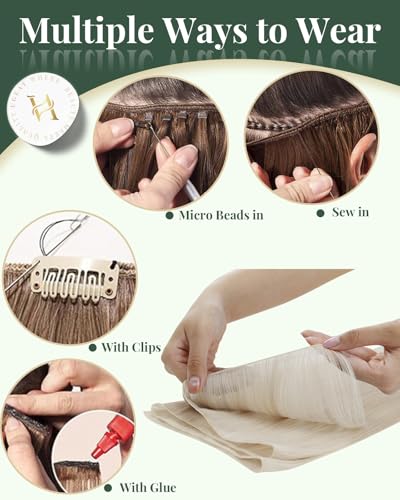 Image of Ugeat 24 Inch Genius Weft Hair Extensions Human Hair Platinum Blonde Genius Weft Hair Extensions Blonde Real Human Hair Genius Wefts Extension Cuttable Add Length 80G