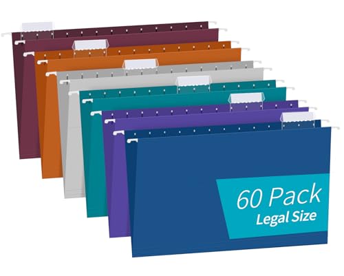 Hanging File Folders, RAZCC 60 Pack Reinforced Hanging Folders Legal Size, Designed for Bulky Files, Filing Cabinet, Adjustable Tabs, Assorted Colors by RAZCC - Used condition - US$23.99