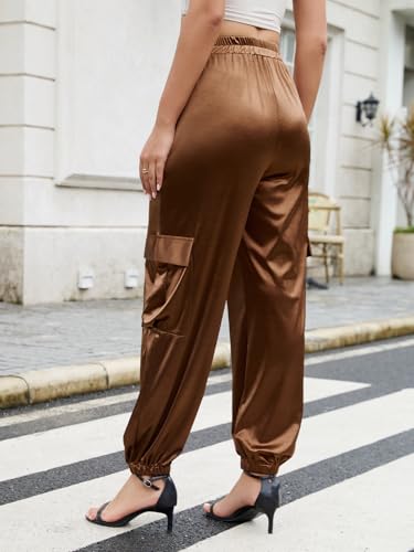 ZAFUL Womens Satin Joggers 2025 Boho Chic Cargo Jogger Pants High Waisted Stretch Silk Ankle Pants Slack Trousers
