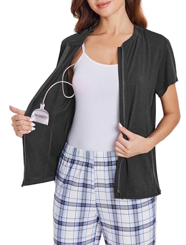Deyeek Mastectomy Shirts with Drain Pockets Zip up Chemo Port Access Tops for Women Post Shoulders Surgery Must Have