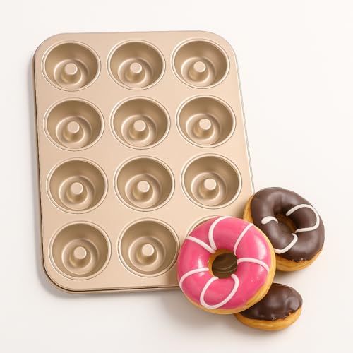 Old Tjikko Doughnuts Baking Mould, 12 Cavities Doughnut Mould, Baking Tray with Non-Stick Coating (12er 02) (gold)