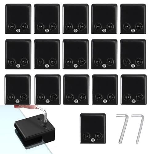 Cokritsm 16PCS Glass Clamps 8-10mm Stainless Steel 304, Black Clips Adjustable Glass Bracket Flat Back for Balustrade Staircase Handrail, Clip Grip Holder for Stair Window