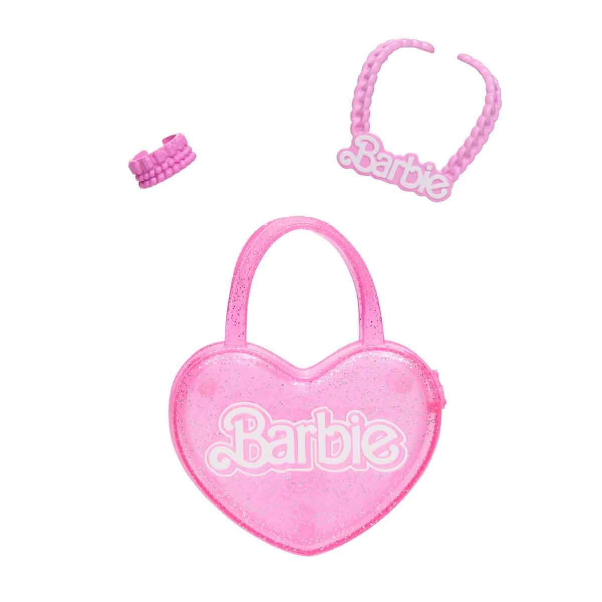 Barbie Lalka modowa blondynka (71 cm) w zdejmowanym ubranku, różowa bluzka, „dżinsowa” spódniczka, kowbojki, naszyjnik i torebka, HYT84