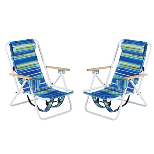 Folding Beach Chair Set of 2 for Adults, 4 Position Portable Backpack Foldable Camping Chair with Headrest Cup Holder and Wooden Armrests, Blue & Green Stripes