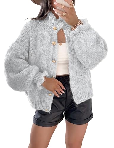 Image of Women's Chunky Knit Cardigan Sweater, Ruffle Button Down Long Sleeve Cozy Loose Fit Fall Winter Outfits(Grey-L)